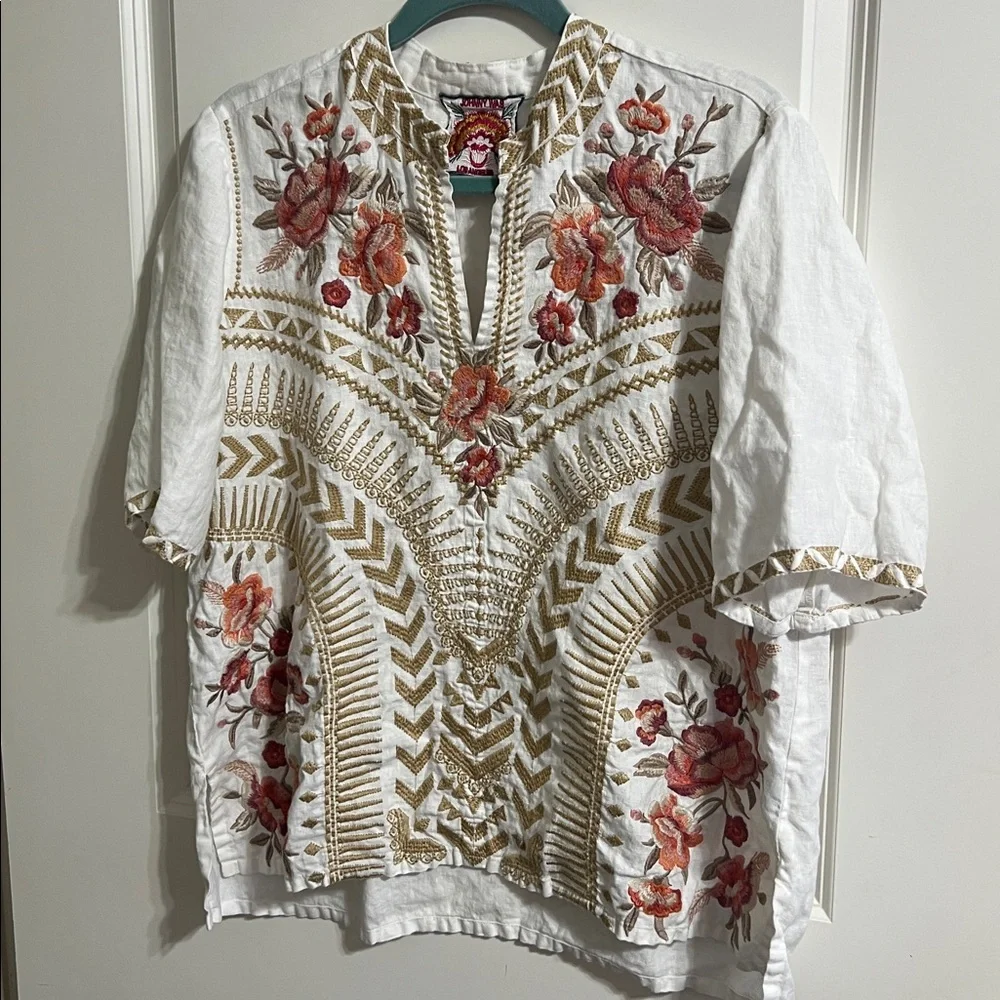 Johnny Was Rianne top medium white floral linen embossed - Picture 3 of 9